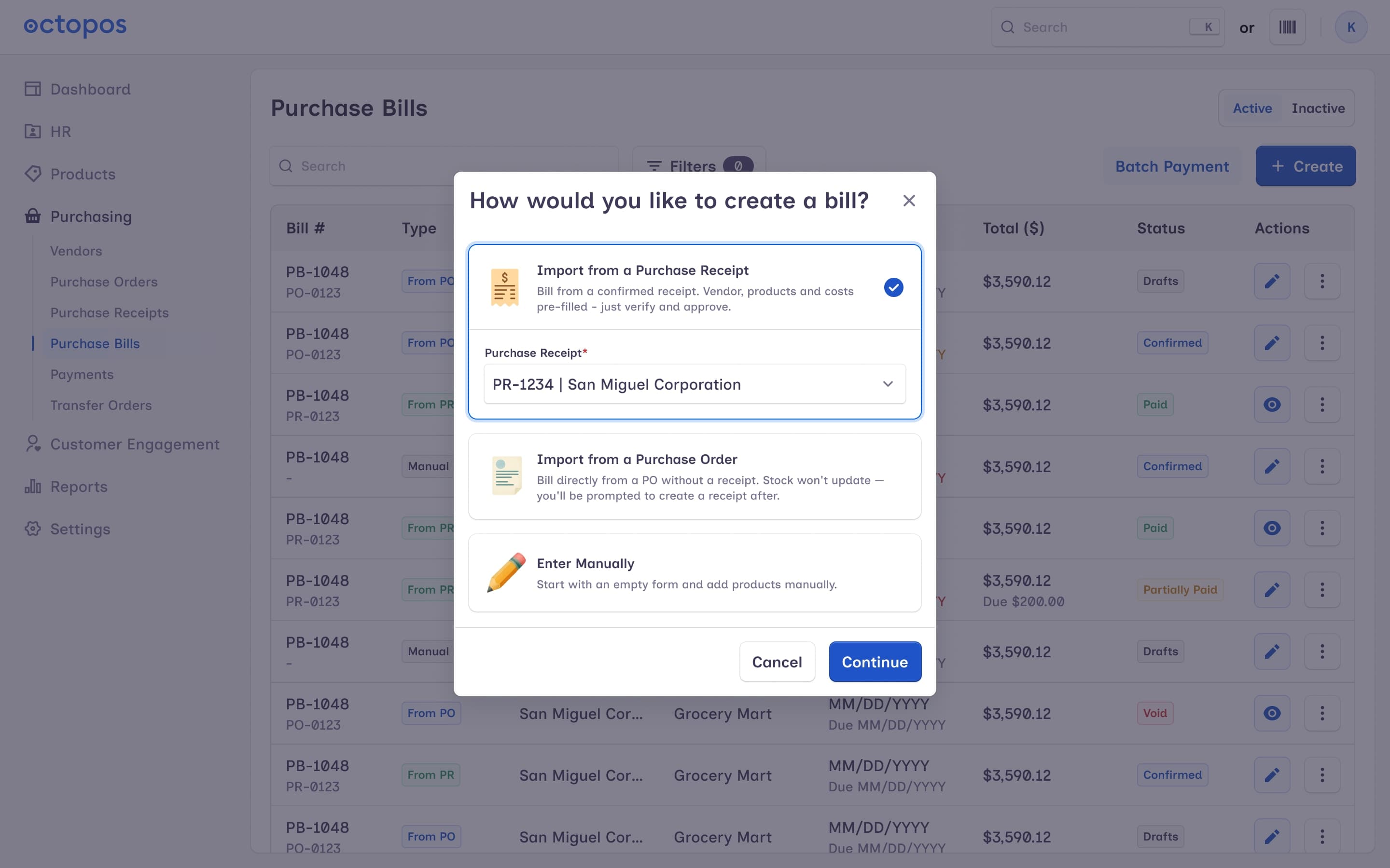 Purchase Bill — create / edit screen with line items and payment status