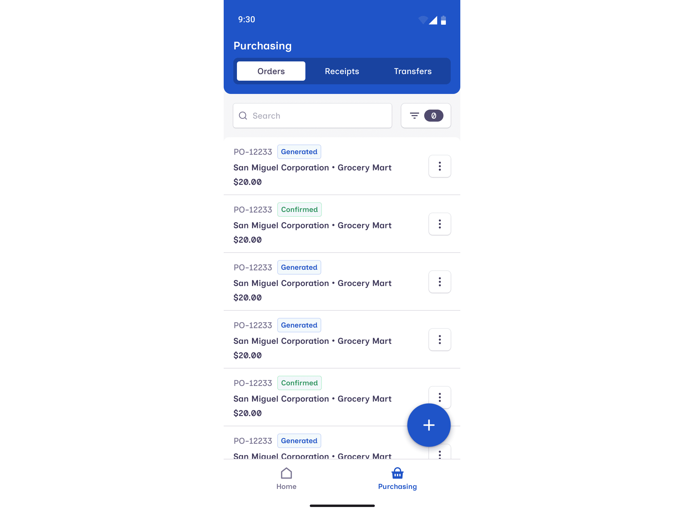 Mobile app showing Purchase Order and Purchase Receipt screens