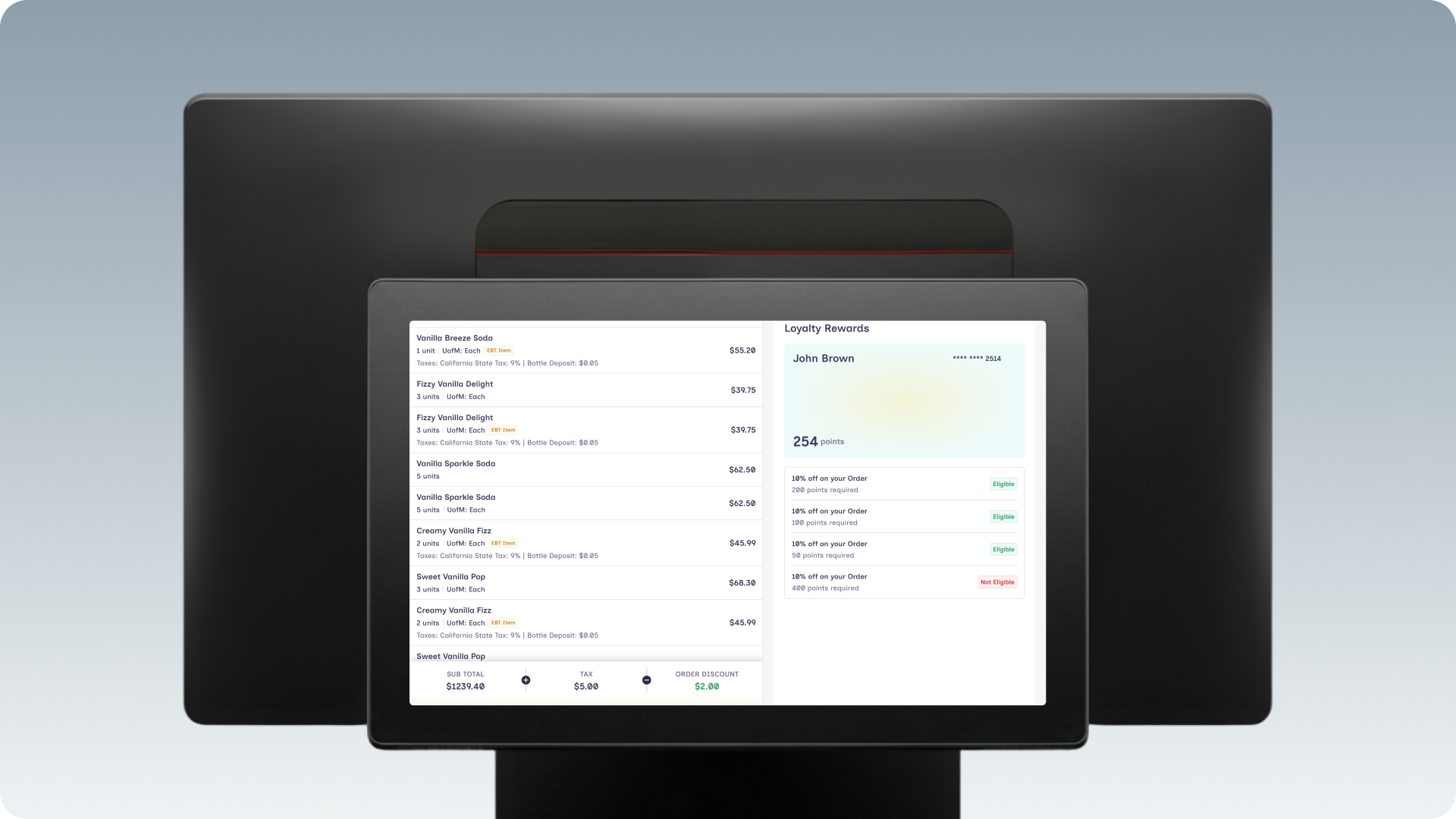 Octopos Customer Display showing transaction details and loyalty rewards.
