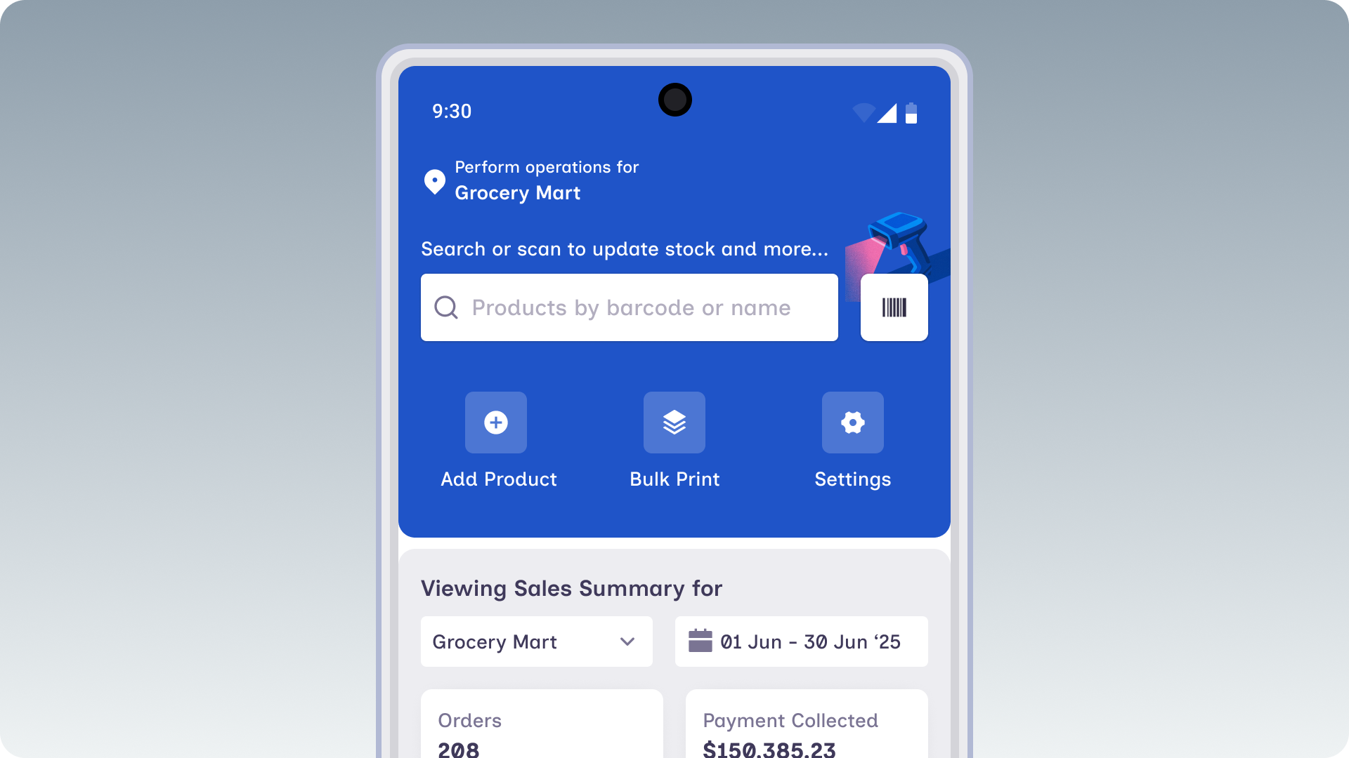 Octoyard mobile inventory app managing products, inventory, and receiving tasks.